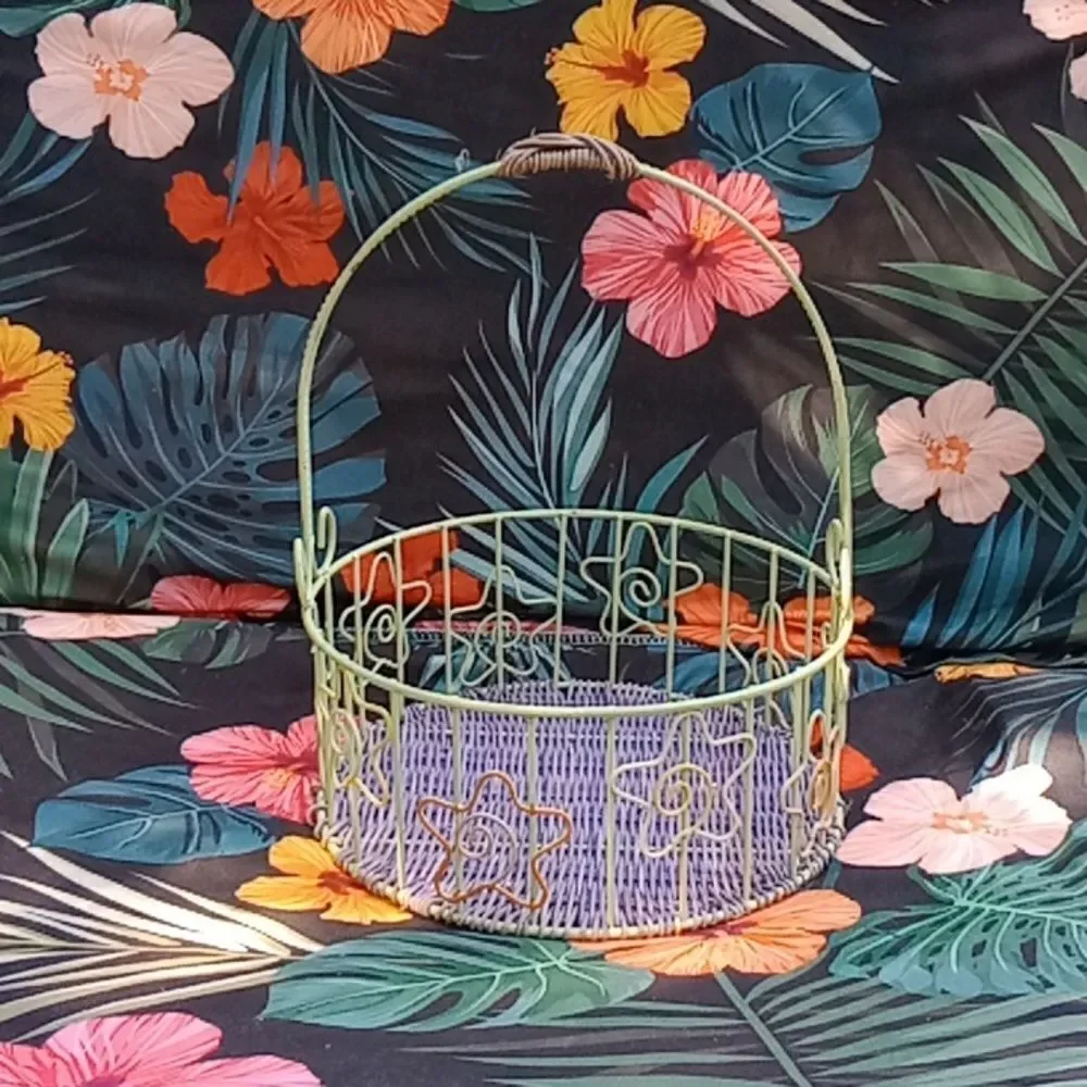 Round Colorful Stars Green & Purple Metal Basket Fruit Flowers Makeup
